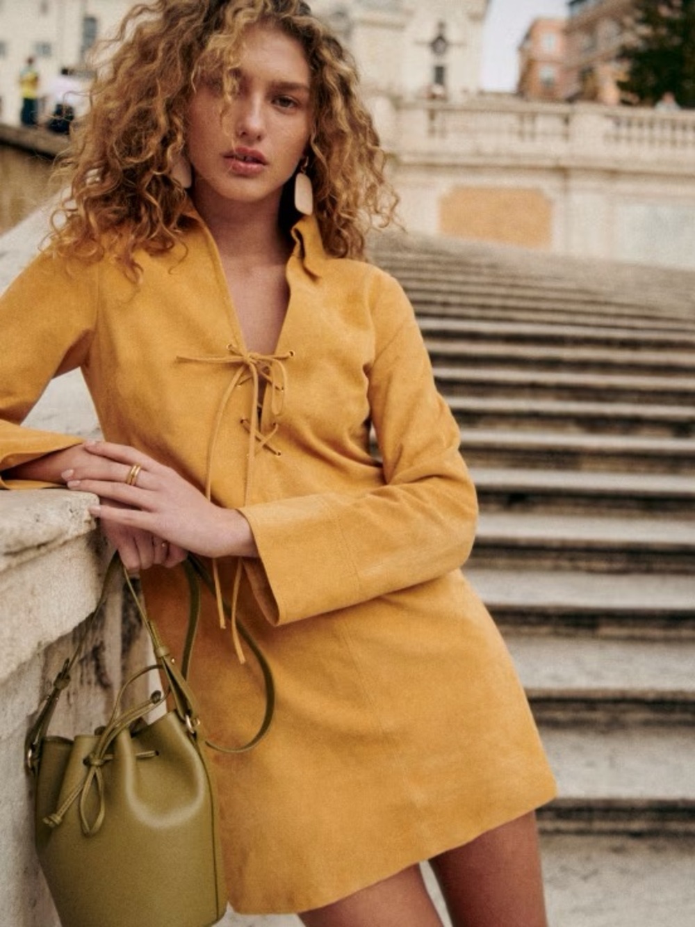 NWT Sezane Medicis Suede Leather Lace Up Collar Long Sleeve Mini Dress Mustard
